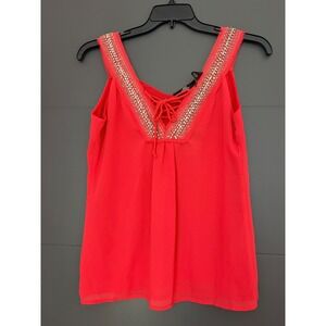 BKE Boutique Coral Red Beaded Rhinestone Lace Up Tank Top Womens XS New